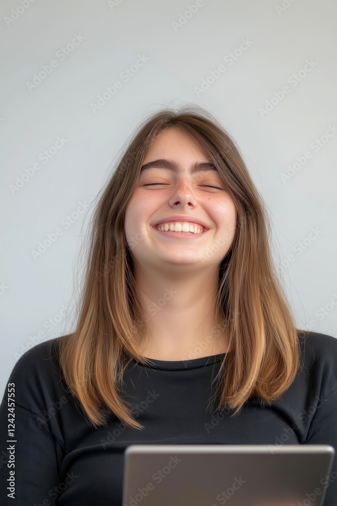 Cheerful young woman laughing with closed eyes while holding a tablet, radiating joy and happiness in a bright, modern studio setting Cheerful young woman laughing with closed eyes while holding a tablet, radiating joy and happiness in a bright, modern studio setting