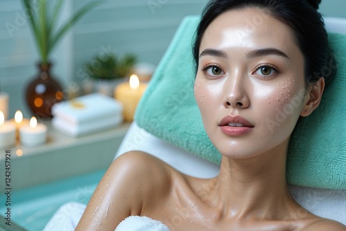 Young Asian Woman with Flawless Skin in Relaxing Spa Highlighting Skincare Tips and Latest Beauty Trends