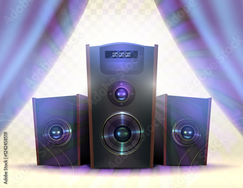Home Audio System. Realistic 3d speakers for music festival. Curtain in the background