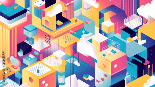 Colorful isometric design showcasing abstract geometric shapes, vibrant colors, and cloud elements. This artwork creates playful and imaginative atmosphere, perfect for digital backgrounds