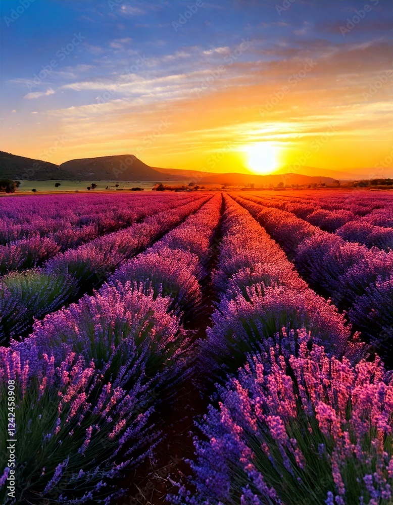 Fototapeta premium sunset over a sprawling lavender field 