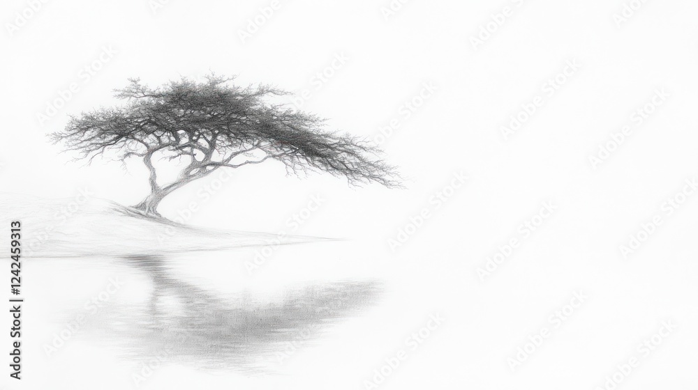 Solitary tree reflecting in calm water, misty desert landscape, peaceful nature scene Solitary tree reflecting in calm water, misty desert landscape, peaceful nature scene