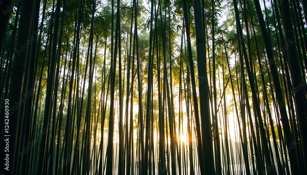 Fototapeta premium Golden Sunset Through Bamboo Forest: A Serene and Tranquil Scene