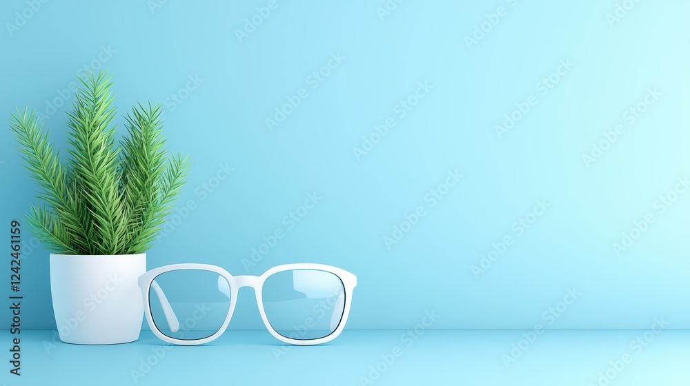 Modern Glasses and Potted Plant on Minimalist Blue Background Modern Glasses and Potted Plant on Minimalist Blue Background