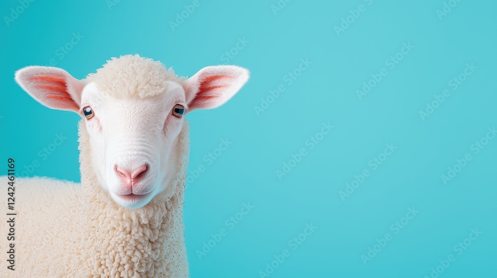 Obraz premium Cute White Sheep with Fluffy Wool Against Blue Background
