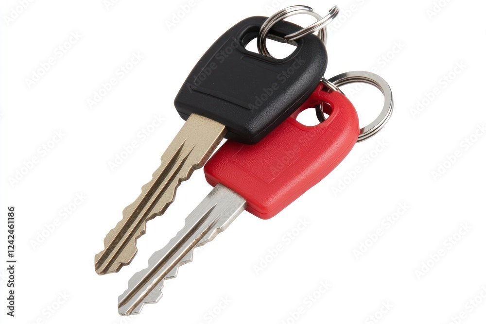 Red and black keys, keyring, white background, security Red and black keys, keyring, white background, security