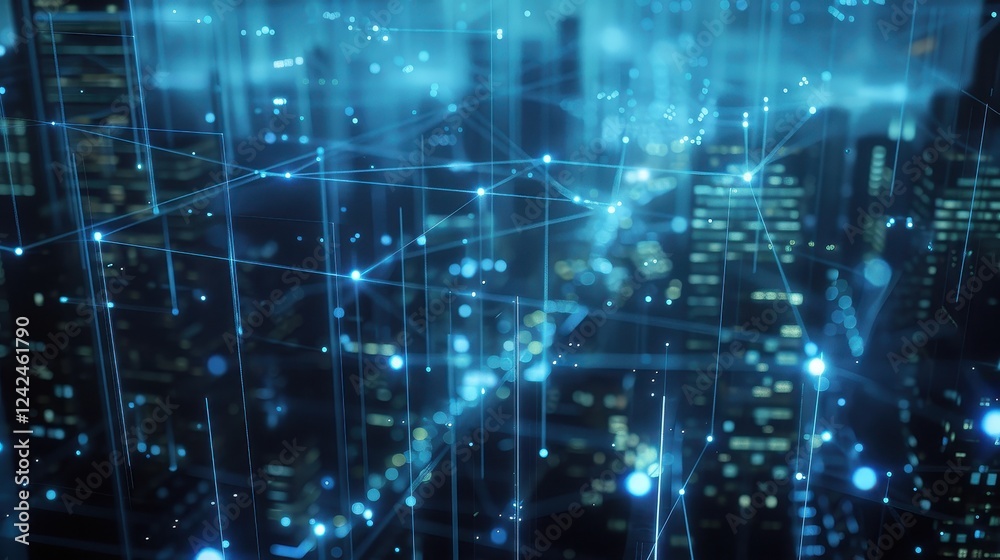 A blue blockchain network connecting nodes throughout a vibrant cityscape A blue blockchain network connecting nodes throughout a vibrant cityscape