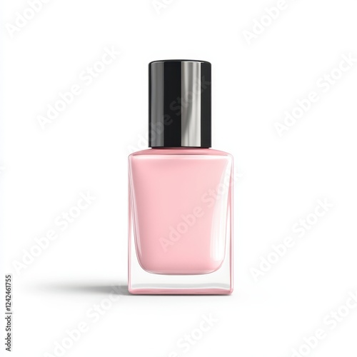 Nail polish bottle, square-shaped with a short neck and a black cap on a white background, light pink color of nail polish, realistic photographic style, high resolution.