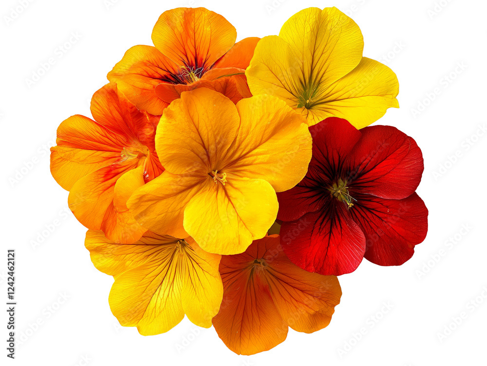 A cluster of vibrant nasturtium flowers with orange and yellow petals, isolated on a clean transparent background, PNG file.