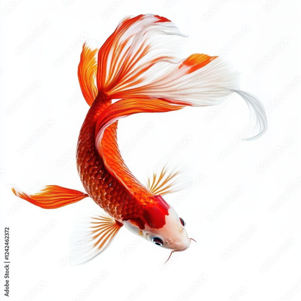 Fototapeta premium A red and white koi fish swimming in the air, with a pure white background.