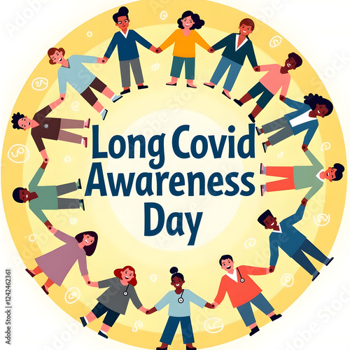 Empathetic Long Covid Awareness Day Illustration – Diverse Group Unity with Hopeful Yellow Background