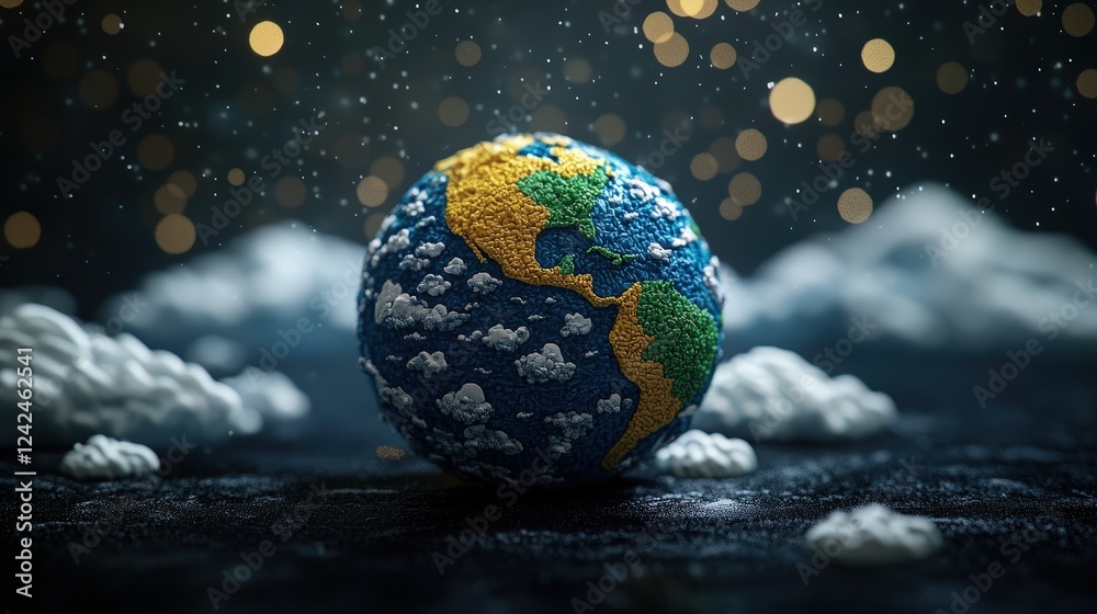 Handmade Plasticine Earth Model Surrounded by Clouds and Glittering Background, Ideal for Educational and Creative Projects