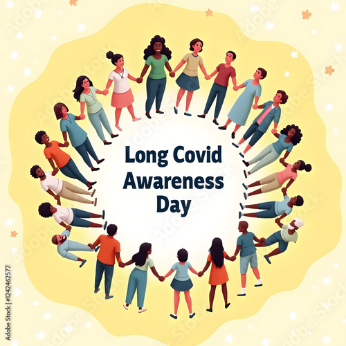 Empathetic Long Covid Awareness Day Illustration – Diverse Group Unity with Hopeful Yellow Background