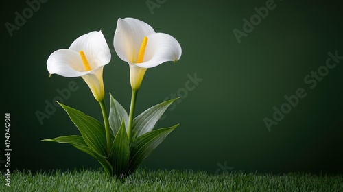 Elegant Calla Lilies on Green Background with Fresh Grass Detail