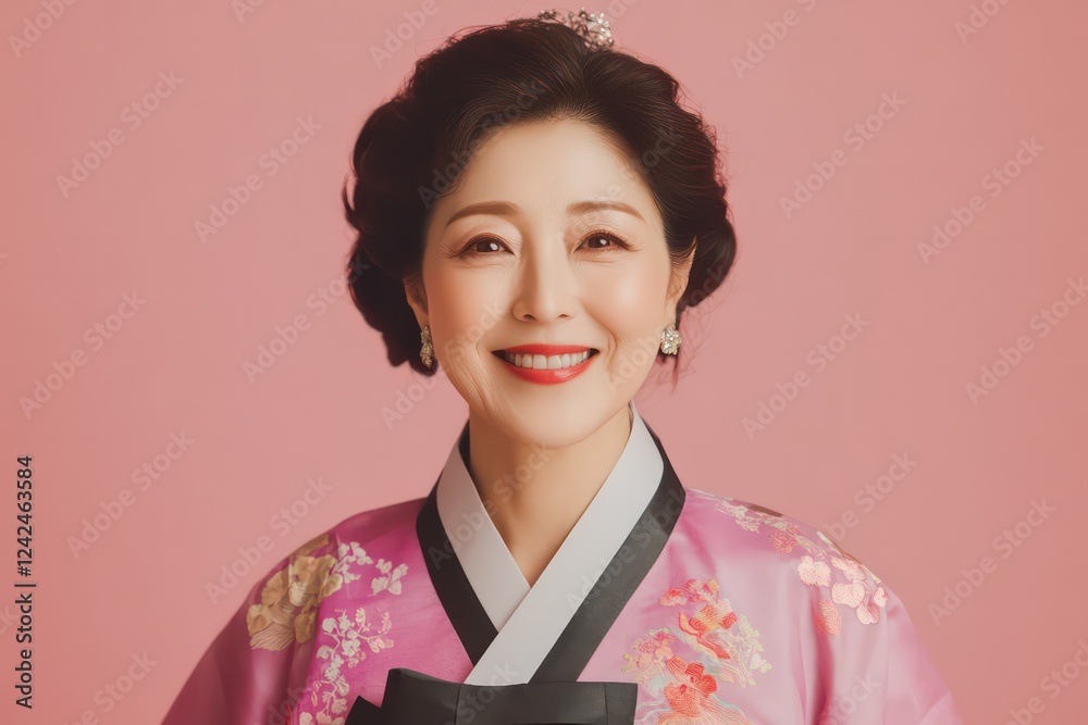 Photoshoot of a Korean woman smiling wearing a Korean traditional dress on a pink background. Photoshoot of a Korean woman smiling wearing a Korean traditional dress on a pink background.