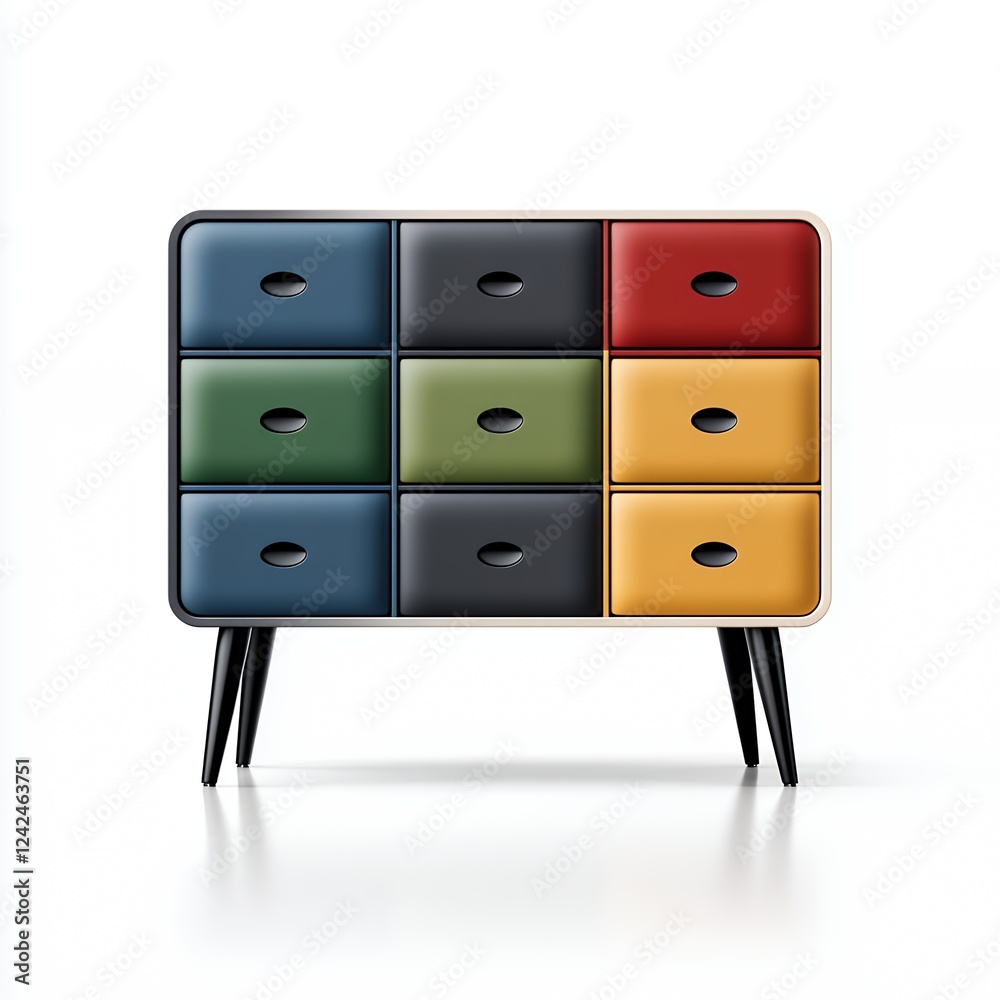 Colorful Nine Drawer Chest with Tapered Legs, Generative AI.