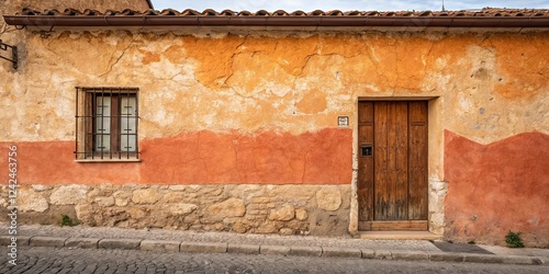 A building with a red and orange wall and a brown door