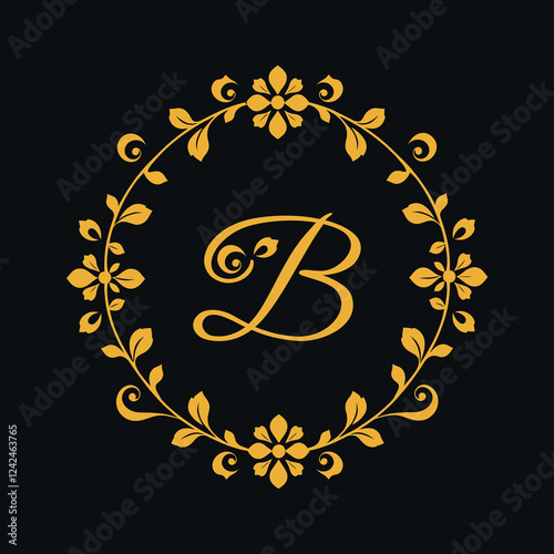 Circular logo of letter “B” in the middle of ornaments with floral aesthetics. 