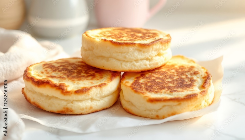 Three golden homemade English muffins displayed on a clean white table Three golden homemade English muffins displayed on a clean white table