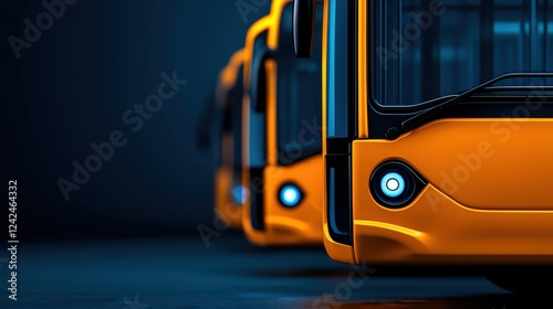 Close-up View of Modern Yellow Buses on Dark Background