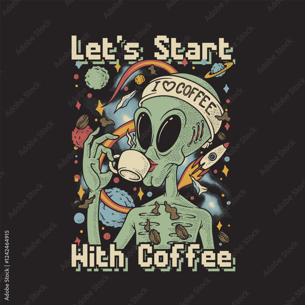 Fototapeta premium alien drinking coffee retro cartoon illustration
