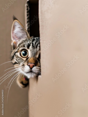 A curious cat peeking from a box against a soft background
