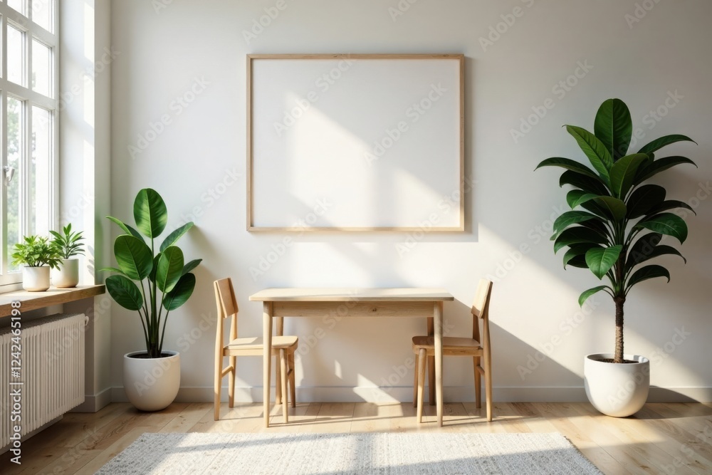 Fototapeta premium Bright and airy minimalist room design with simple wooden furniture, potted plants, and a large blank wall canvas