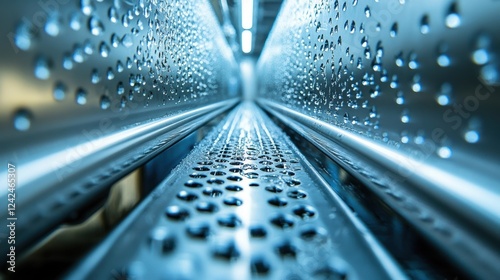 A closeup view of a segmented pipe leading into the top of a fermentation tank with condensation beads forming around it highlighting the temperature regulation necessary for optimal photo