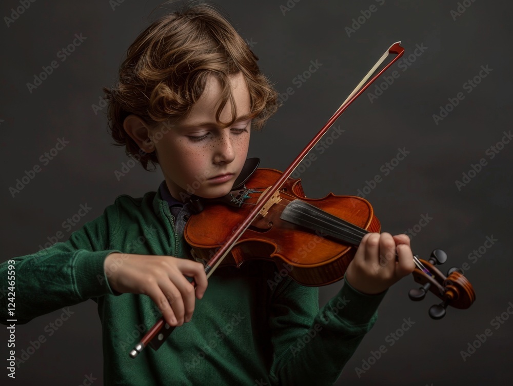 Child in Green Sleeve Playing Violin with Deep Concentration Child in Green Sleeve Playing Violin with Deep Concentration