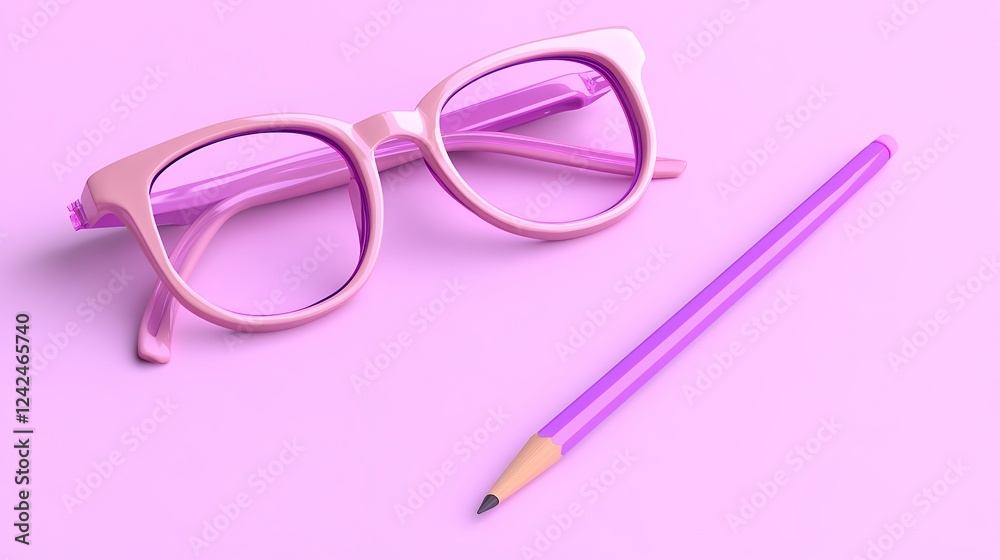 Pastel Pink Eyeglasses and Purple Pencil on Pink Background, Generative AI.