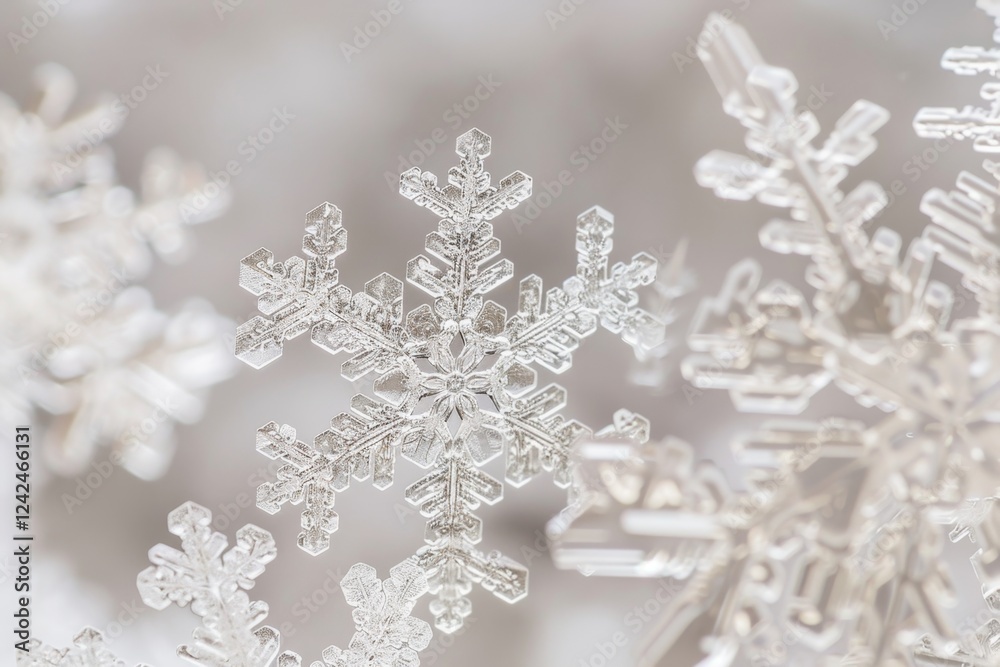 Intricate Close-Up of Unique Snowflakes in Soft Natural Light Intricate Close-Up of Unique Snowflakes in Soft Natural Light