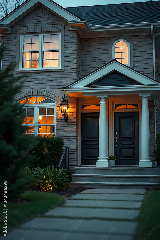 Obraz premium Luxury Brick House at Dusk: Captivating Home Exterior with Warm Lighting and Landscaping