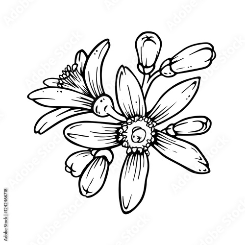 Simple composition of citrus flowers with buds. Lemon or mandarin blooming isolated on white. Ink sketch in engraving style. Hand drawn citron in line art for spring tableware and textiles designs