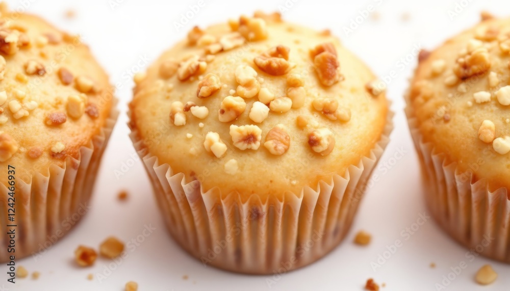 Trio of gluten-free muffins with a nutty topping, isolated on a clean white surface Trio of gluten-free muffins with a nutty topping, isolated on a clean white surface