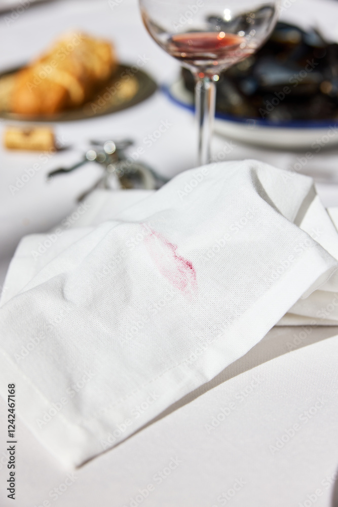 Lipstick mark on napkin near wineglass on table Lipstick mark on napkin near wineglass on table
