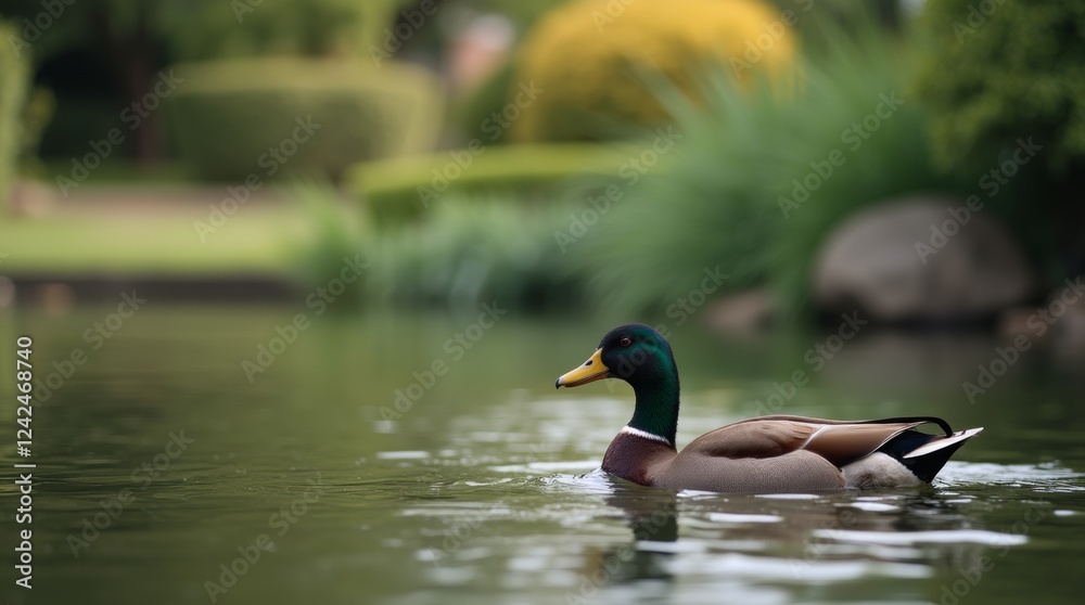 A close-up shot of a duck swimming in a pond A close-up shot of a duck swimming in a pond