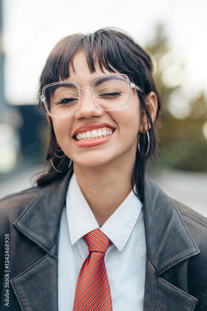 Young woman winking and smiling wearing glasses, shirt, Young woman winking and smiling wearing glasses, shirt,