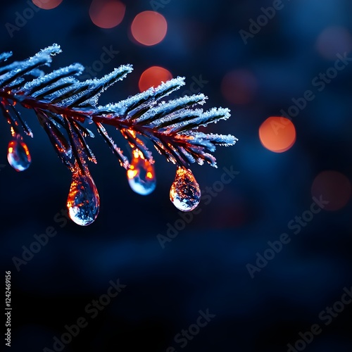 Frozen Pine Branch with Water Droplets at Night