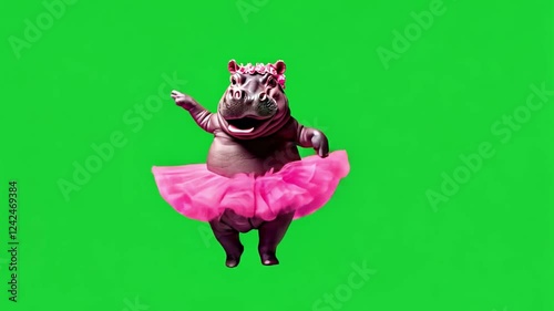 Hippo in Tutu Dancing: A playful hippopotamus, donned in a pink tutu, strikes a cheerful dance pose against a vibrant green screen.  Perfect for whimsical projects or adding a touch of the unexpected.