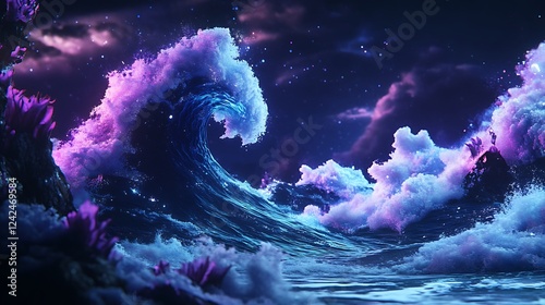 Neon Wave Crashing on a Bioluminescent Shore