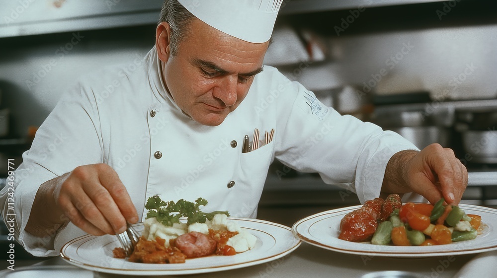 Professional chef in kitchen is plating up two plates of food for serving Professional chef in kitchen is plating up two plates of food for serving