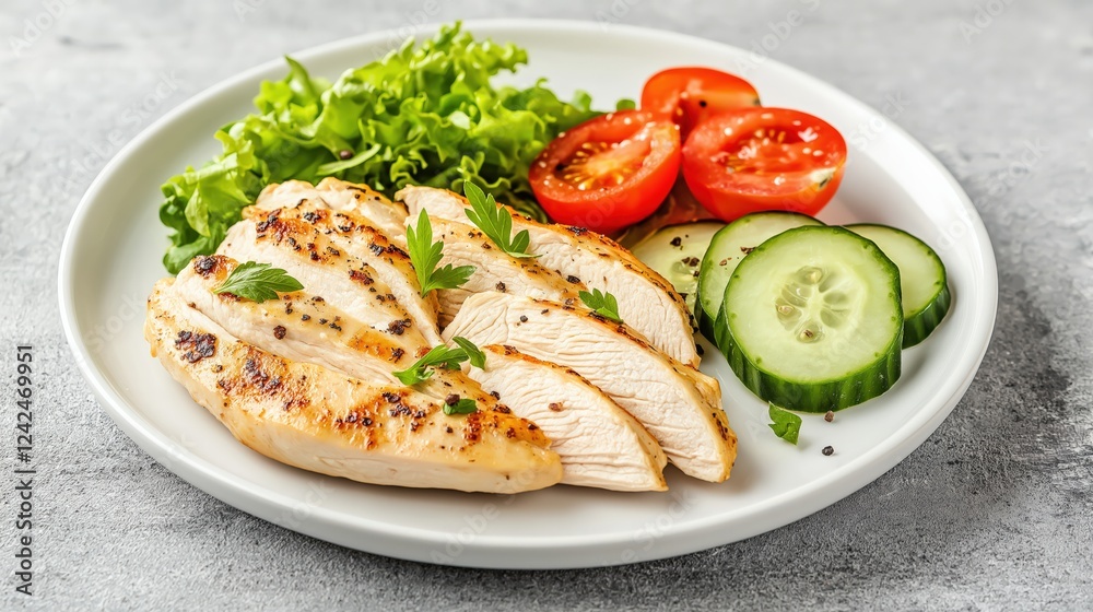 Flat lay of chicken salad with mixed greens and vegetables on a white plate Flat lay of chicken salad with mixed greens and vegetables on a white plate