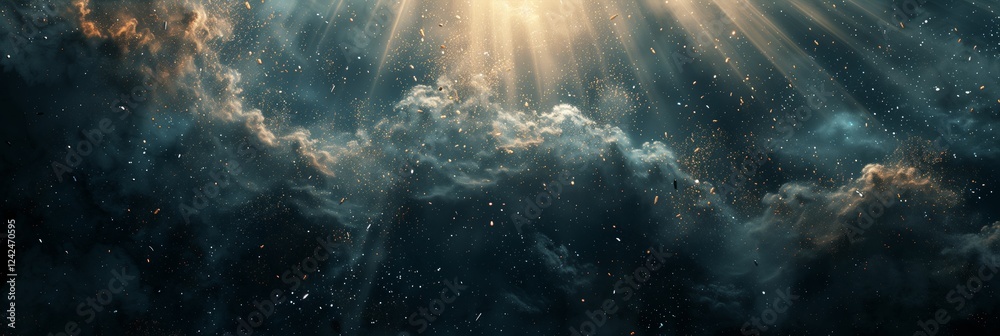 Fototapeta premium Dark and mysterious background with grunge texture. Black wall, smoky haze, dust particles, shadows and light rays.