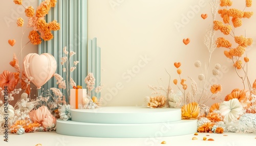 3D podium  valentine elements background , valentine's day concept banner