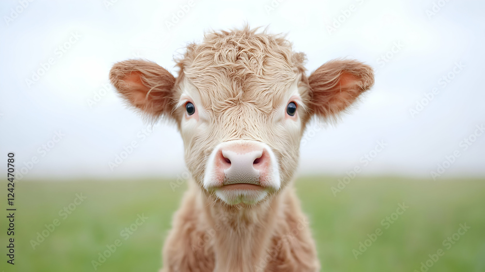Calf portrait, field background, rural farm, livestock Calf portrait, field background, rural farm, livestock