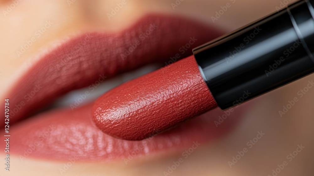 Obraz premium Close-up of a Woman Applying Red-Brown Lipstick