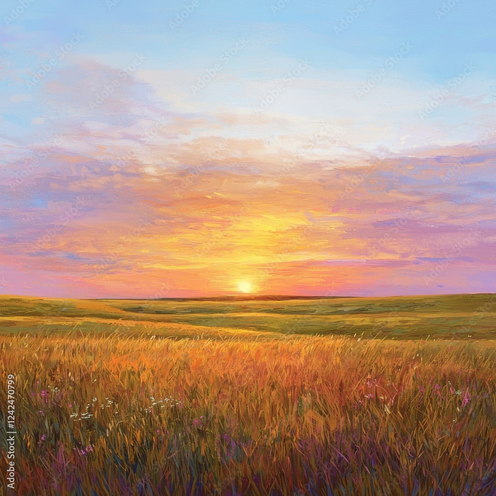 Serene Sunset Over Golden Fields with Vibrant Sky and Lush Greenery, Symbolizing Tranquility and Harmony in Nature Serene Sunset Over Golden Fields with Vibrant Sky and Lush Greenery, Symbolizing Tranquility and Harmony in Nature
