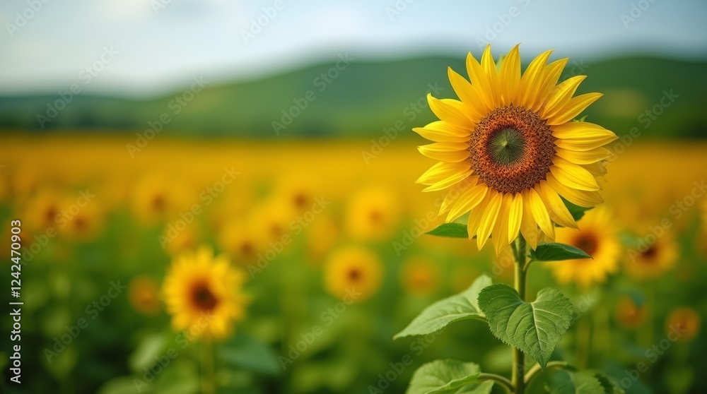 Fototapeta premium A shot of a sunflower field, with a blurred background of a rolling and green hillside.
