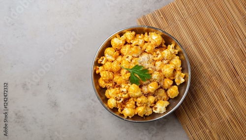 A bowl of cheesy popcorn, garnished with parsley. Delicious!