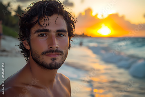 man with facial hair enjoying a summer vacation at the beach. Discover the joy of leisure and relaxation in nature